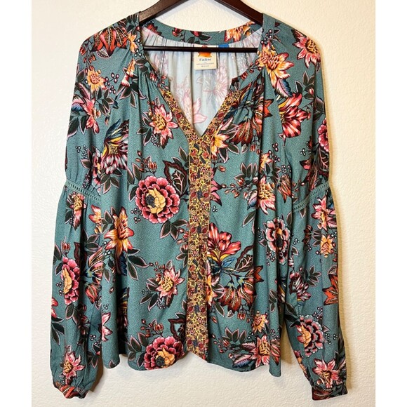 FARM RIO Anthropologie Teal Green Paola Floral Peasant Blouse/Top Boho Women's M - Picture 1 of 9